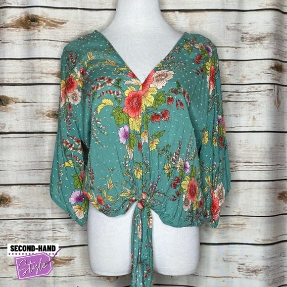 LoveStitch M womens Textured Floral Blouse with Front-Tie Detail - Picture 1 of 3